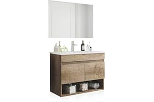 duehome | Mueble de Baño Suspendido con 2 Puertas y Espejo, Modulo Colgante, Modelo Thai, Acabado en Nordik, Medidas: 80 cm (Ancho) x 64 cm (Alto) x 45 cm (Fondo)
