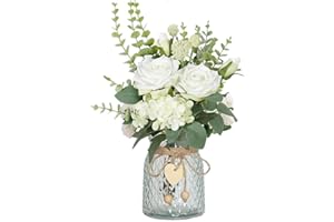 YELIKIT Flores Artificiales con Jarrones, Ramos Artificiales, Ramos de Hortensia en Jarrones, DecoracióN de Mesa, Ramos de Boda Para Fiestas, Oficinas, Casas de Campo, Cocina, DecoracióN del Hogar, Blanco