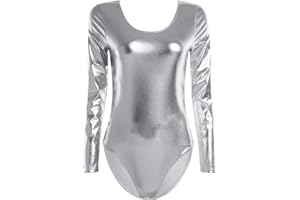 iEFiEL Damen Metallic Body Lackleder Bodysuit Catsuit Wetlook Jumpsuit Langarm/Kurzarm Turnanzug Ballettbody Trikotanzug Tanzkostüm