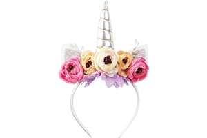 Nishine Girls Glitter Unicorn Horn Headband Camellia Pony Head Band Flower Hair Band Tiara for Party Birthday Gift