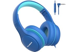 KLUGMIA Wired Kids Headphones, 85dB/94dB Volume Limited, Over Ear Headphones for Kids with in-line HD Mic, Audio Sharing, Foldable Kids Headphones Wired (blue)