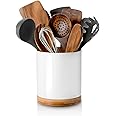 Nucookery 360° Rotating Utensil Holder, 7.2" Large Utensil Crock, White Ceramic Cooking Utensil Organizer with Countertop-Protection Cork Bottom for Farmhouse Kitchen Decor Gift (White)