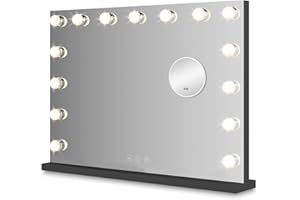 Bayt Hollywood Espejo 58 x 46 cm, Espejo Maquillaje con 15 Luces, Espejo de Aumento 10x, Regulable, Ampliación, Negro