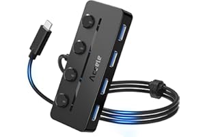 Aceele USB C HUB, Hub de 4 Puertos USB-A 3.0 con Interruptor de Alimentación Independiente, Concentrador de Datos Multiples con Tipo-C Puerto de Alimentación de 5V/3A, Cable de 100cm de Largo