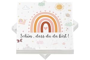 Epokus 40 Stück Servietten 'Schön Dass Du Da Bist', Regenbogen, 3-lagig, Papierservietten für Geburtstage, Taufe, Hochzeit