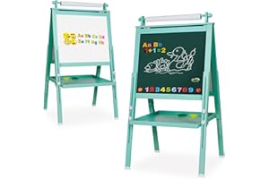 HOMCENT Cavalletto per bambini con rotolo di carta per dipingere, cavalletto per bambini in legno a doppia faccia con lavagna cancellabile a secco, lavagna