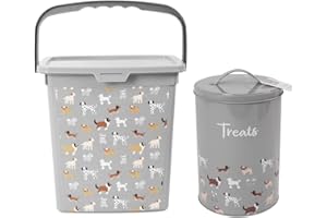 YöL Dog Food Bin With Scoop And Treat Tin Container Grey Illustrated Pet Feeding Set