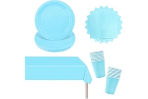 POPOYU 53 Pezzi Stoviglie per Feste di Compleanno Azzurro, Stoviglie Carta Set, Piatti di Carta Tovaglioli Bicchiere di Carta Stoviglie Tovaglia per Compleanni, Matrimoni, Decorazioni Natalizie