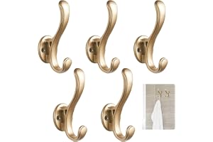 Rairsky Förpackning med 5 guldrockkrokar, vintage väggkrokar, guld, dubbla väggkrokar i aluminium, robusta rockkrokar med skruvar för ingång, garage, sovrum, uteplats, badrum