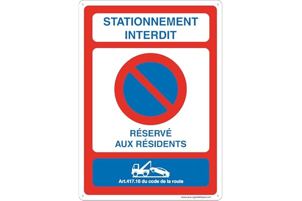 AUA SIGNALETIQUE - Panneau De Signalisation en PVC Rigide et Compact 1.5 mm. (121 x 170 mm, Stationnement Interdit Réservé Résidents)