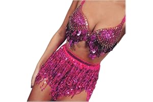 FOSSEAN Women Sequin Belly Dancer Costume Tassel Wrap Skirt Club Mini Skirt