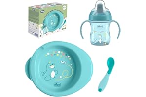 Chicco Set Pappa Completo 6 Mesi+, Tazza Training Cup, Primo Cucchiaio e Piatto Pappa Calda, Kit Svezzamento Antiscivolo, 0% BPA, Azzurro, Idea Regalo Bimbo
