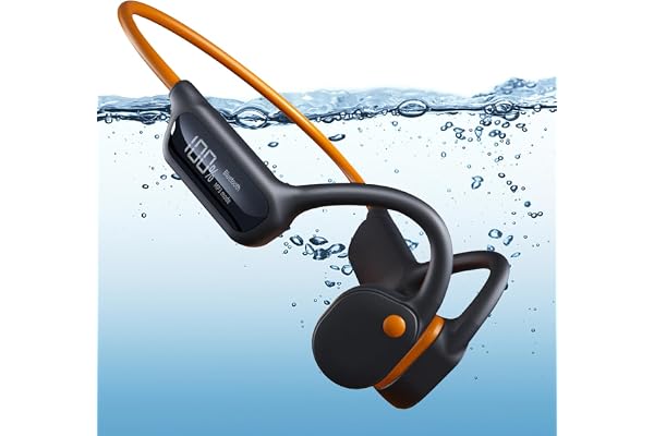 fesoklaf Casque de natation étanche IPX8 avec mémoire de 32 Go, Bluetooth 5.3 à oreilles ouvertes avec microphone sans fil pour la course à pied, natation, cyclisme, entraînement (orange + noir)