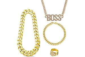 GIGIIS Colliers Et Bague Hip Hop 4 Pièces Collier BOSS en Or avec Bague Dollar en Or Bagues colliers et bracelets en Or Kit de Costume Hip Hop Déguisement pour Cosplay Party de Carnaval