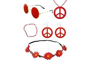 Heartsking 5 Pièces 60s Accessoires Hippie, Annees 70 Bandeaux Bracelets en Perles Lunettes Colliers et Boucles d'oreilles de la Paix, Accessoires Hippie pour Halloween Soirée Disco