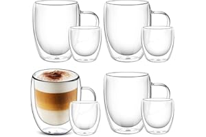 Buumin 8 tazze da caffè e tazze in vetro a doppia parete, 4 x 350 ml+4 x 80 ml, tazze da cappuccino con latte Macchiato, resistente al calore, lavabile in lavastoviglie
