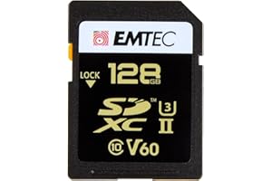 EMTEC - Karta SDXC UHS-II U3 V60 SpeedIN Pro+ ECMSD128GUHS2V60 - Karta pamięci - Porywcze zdjęcia, filmy Full HD, 3D, 4K, 8K UHD - Pojemność pamięci 128 GB, 128GB - 2 rzędy pinów z tyłu - czarny/złoty