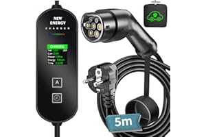LCLCTEK EV Chargeur Voiture Electrique Type 2,5-M Cable Recharge EV Voiture Electrique Rapide,3.6 KW EV Chargeur EV véhicule Electrique,Ecran Numérique 8/10/13/16A Courant Commutable, EU IEC 62196-2 (5M Noir)