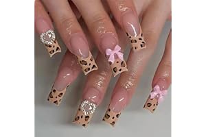 GlamRays 24 Stück Lang Quadrat Press on Nails French Nails False Nails mit Leopardenmuster Designs Vollumspannend Pink Schleife Gel Klebe Nails Glänzend Acryl Künstlich