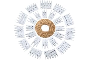 ‎JIJACRAFT jijAcraft Weiße Holzklammern, 100 Stück Holz Wäscheklammern, 3,5 cm Holzklammern Klein, Foto Papier Clips mit 30 Meter Jute-Schnur für Kunstgewerbe, Heimwerken, Fotos & DIY Dekorationen