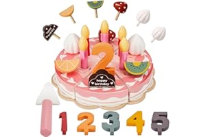 HERSITY Gâteaux Bois Jouet, Faux Gâteaux d'anniversaire avec Plateau à Bougie, Jeux de Cuisine Enfant Jouet à Couper, Jeu de Rôle Cadeaux pour Filles Garçons 3 4 5 Ans