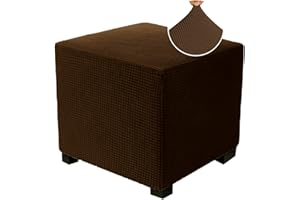 RAPRAP Stretch Jacquard Ottoman Cover, Soft Comfortable Dustproof Footstool Covers for Square, Cube and Rectangle Ottoman, Stool Protector with Elastic Bottom, DARK CURRY-S