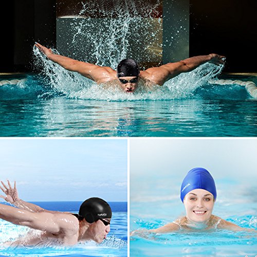 Badekappen – Turata Rutschfeste Erwachsene Unisex Hochelastische Silicagel-Bademütze Einheitsgröße Schwimmkappe ( Schwarz ) - 8