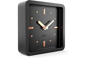 Driini Modern Mid Century Desk & Shelf Clock (Black Rose Gold) - Small Battery Operated and Silent Analog Tabletop Clocks for Living Room Decor – Ideal for Mantle, Office Table, Desktop or Nightstand