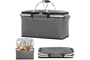 ZINUEEN Cestino per la spesa, pieghevole, da 18 l, in lega di alluminio, con manico imbottito e isolamento con cerniera, per viaggi/picnic, shopping