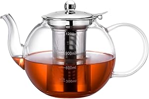 Zpose Glass Teapot, 1200 ml Teapot for 4-6 Cups with Heat Resistant Stainless Steel Infuser, Clear Borosilicate Tea Pot with Scale Line Perfect for Loose Tea and Blooming Tea, Gift Box for Tea Maker