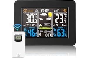 VORRINC Estación Meteorológica Interior y Exterior con Sensor Inalámbrico al Aire Libre,color digital Estación meteorológica Termómetro con alerta y temperatura Humedad Barómetro Alarma Fase lunar