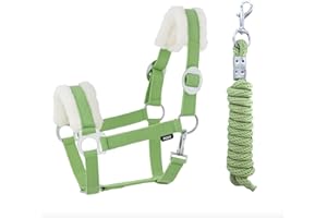 JA Horse Licol en fourrure synthétique Kit de longe avec mousqueton réglable Licol pour cheval Cheval en bois Corde d'attache (Fourrure synthétique mousqueton Vert, Full)
