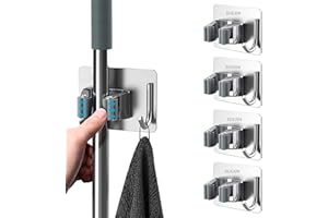 Guimey, Supporto per scopa da parete, autoadesivo, 4 pezzi, per cucina, bagno, giardino (argento)