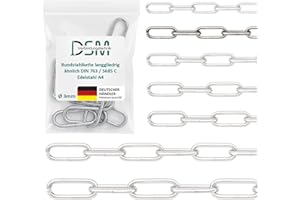 DSM | Rundstahlkette langgliedrig ähnl. DIN 763/5685C | 3 mm Ø | Edelstahl A4 | rostfrei & korrosionsbeständig | geeignet für Garten, Boot, Werkstatt & Dekoration | Bruchlast 320 kg | 5 m Meterware