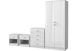 NERA FURNISHINGS Nera White Gloss Bedroom Furniture Set 4 Piece Set with Wardrobe Chest of Drawer Bedside Table Bedroom Storage