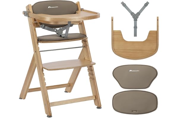 Bebeconfort Timba 2 avec Coussin, Chaise Haute Bébé Évolutive Bois, 6+ Mois, Jusqu'à 110 kg, Chaise Haute Enfant Ergonomique, S'adapte À La Plupart Des Tables, Plateau Amovible, Natural Wood + Beige