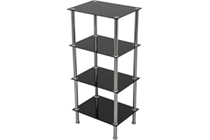 KING mahara Black Glass 4 Tier Modern Organisation Rack, Shelving Shelf Unit, Shelf Width 40cm x 30cm, Max Weight per Shelf 5kg for Living Rooms, Kitchen, Garage, etc