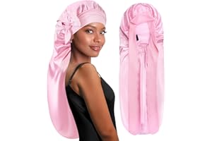 BONNET QUEEN Bonnet Satin Cheveux Nuit Long pour Dormir, Bonnet en Satin pour Cheveux Charlotte Locks Bouclés, Ajustable avec Long Elastique pour Femmes et Hommes, Rose