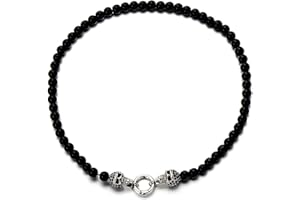 COOLSTEELANDBEYOND Estilo Gótico, Hombre Mujer Collar Cuentas de Ónix Negro, Cráneo Calavera Colgante, Acero con Zirconio Cúbico Negro