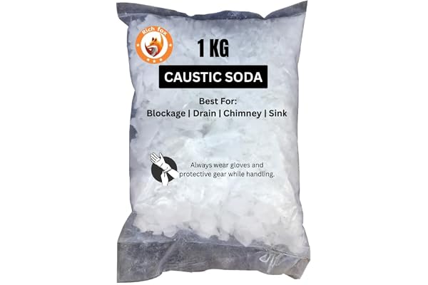 RICH FOX Caustic Soda Flakes for Effective Drain & chimney Cleaner Clear Powder Drain Clogged Sinks and Pipes Soap Making Multipurpose Cleaning - 1KG