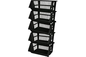ZARVICZONIA Large Stacking Storage Baskets Veg Rack, Durable Plastic Stackers, Dimensions: 36 cm (L) x 30 cm (D) x 17.5 cm (H) (Black, Pack of 5)