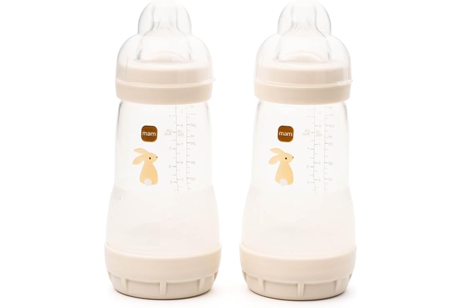 MAM Easy Start Anti-Colic Baby Bottles | 2 Pack (2 x 260ml) | Self-Sterilising Baby Milk Bottle | Medium Flow MAM Teat Size 2 | Newborn Essentials | Linen (Various Designs)