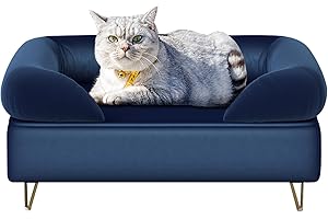 PWTJ Pet Sofa Bed with Removable Safety Surround - 8.8" Elevated Wood Frame & Metal Legs, Soft Velvet,Cat&Dog Bed for Small Medium Pets, Easy Assembly （Blue）