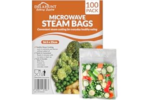 DELAHUNT CATERING SUPPLIES Microwave Steam Bags [100 Pack] – BPA-Free, Food-Grade & Leak-Resistant CPP Plastic | Fast-Steaming Bags for Vegetables, Fish, Chicken, Meal Prep, Batch Cooking & Freezer Storage