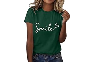Shobdw Sommer Tshirt Damen T-Shirt Basic Smile Bedrucken Rundhalsausschnitt Oberteile Baumwolle Casual Damen Kurzarm Bluse Tops Elegant Sportshirt