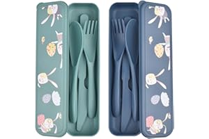 JIAYAUS 2 Juegos Cubiertos Camping - Lindo Patrón de Conejo, Reutilizable Porta Cubiertos para Llevar Al Trabajo, Acampada, Viajar, Cubiertos para Llevar (Azul Oscuro + Verde Oscuro)
