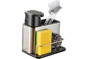 CMOISO Organizador Fregadero, Soporte Estropajo Fregadero, Organizador de acero inoxidable con dispensador de jabón y compartimento de almacenamiento para fregaderos de cocina o lavado de baños