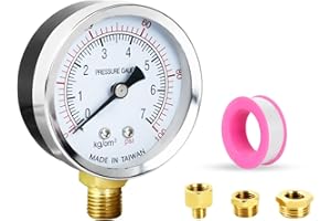 KASLAIDER manomètre de pompe de puits 60mm, BSP 1/4 "0-7 Bar(0-100 PSI), avec 2 adaptateur en laiton de 1/4" à 3/8 ", 1/4" à 1/2 ", une bande de polytétrafluoroéthylène