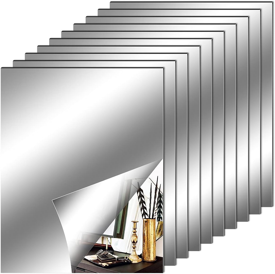 Fantasyon 10 Pack Self Adhesive Mirror Tiles, 8 x 10inch Flexible Non Glass Stick on Mirror Stickers for Home Wall Decoration