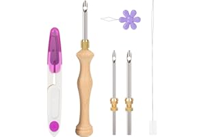 JSRQT Réglable Kit D'aiguilles À Poinçonner,Aiguille à Broder Réglable (5/3.5/2.5mm) avec Manche en Bois, Ensemble D'aiguilles à Broder,Kit Punch Needle pour Bricolage
